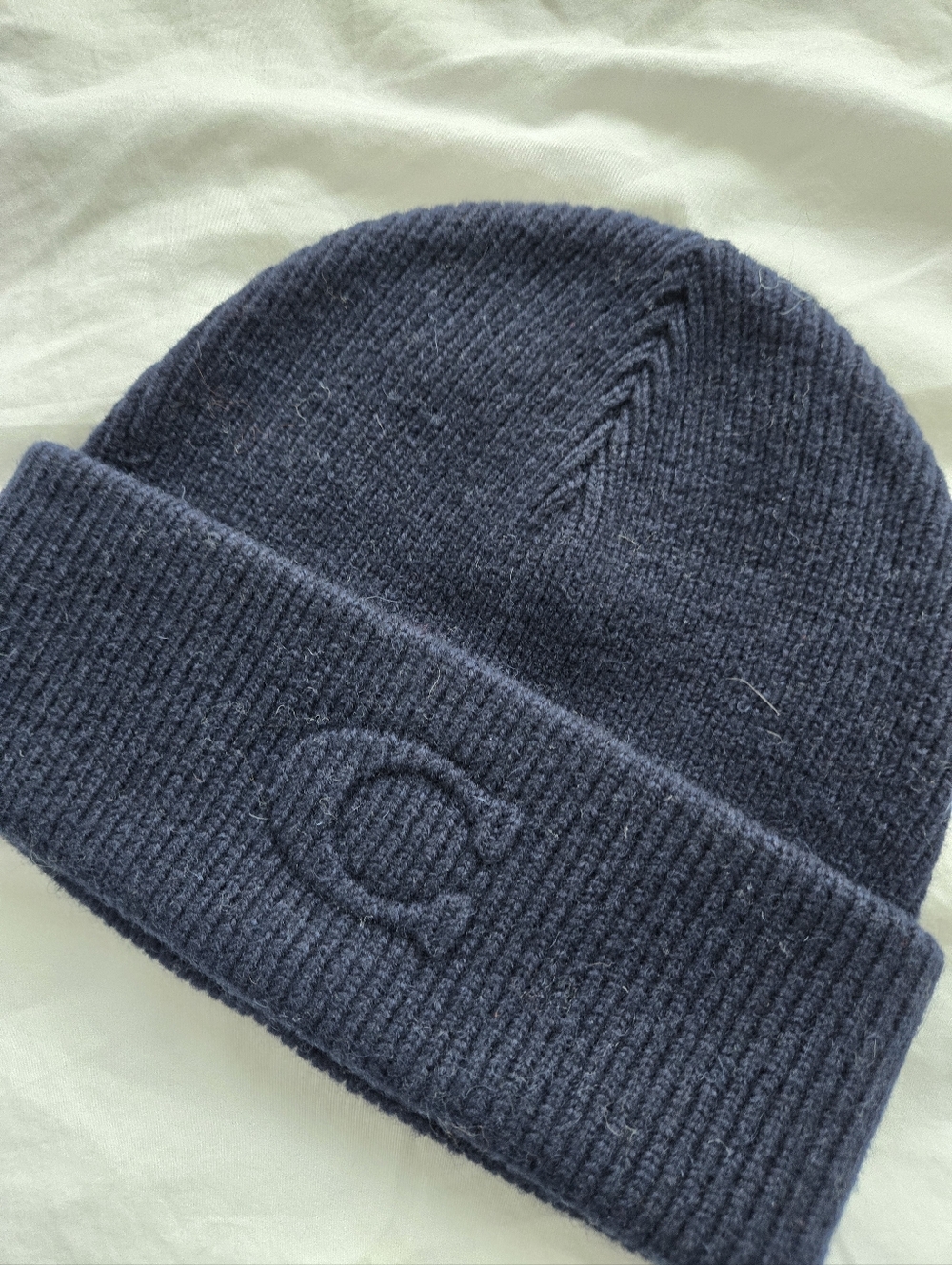 Coach Navy Ribbed Beanie with Logo Tag - Picture 2 of 3
